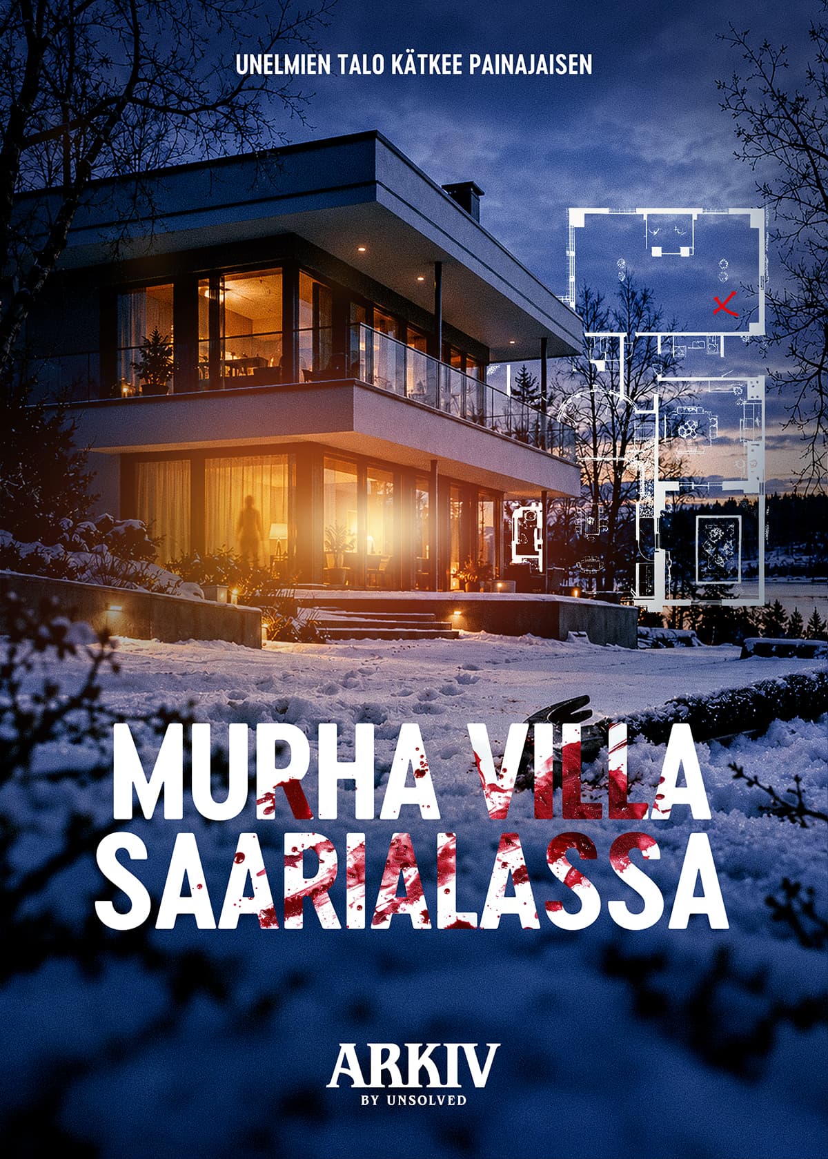 Murha Villa Saarialassa – luminen huvila yöllä, pohjapiirros ja veriroiskeita pelin nimessä.